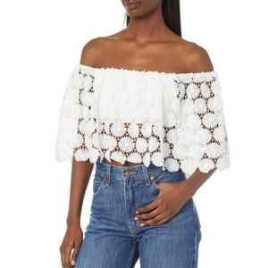 Trina Turk Bardot White Daisy Crochet Off Shoulder Crop Top